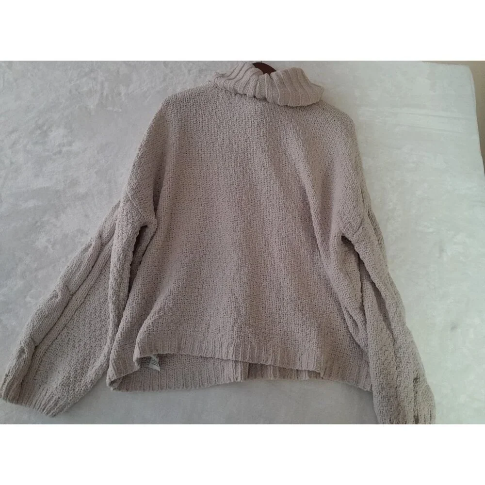 Seven 7 Chunky Cable Knit Chenille Turtleneck Sweater XL Balloon Sleeve Lt Beige
